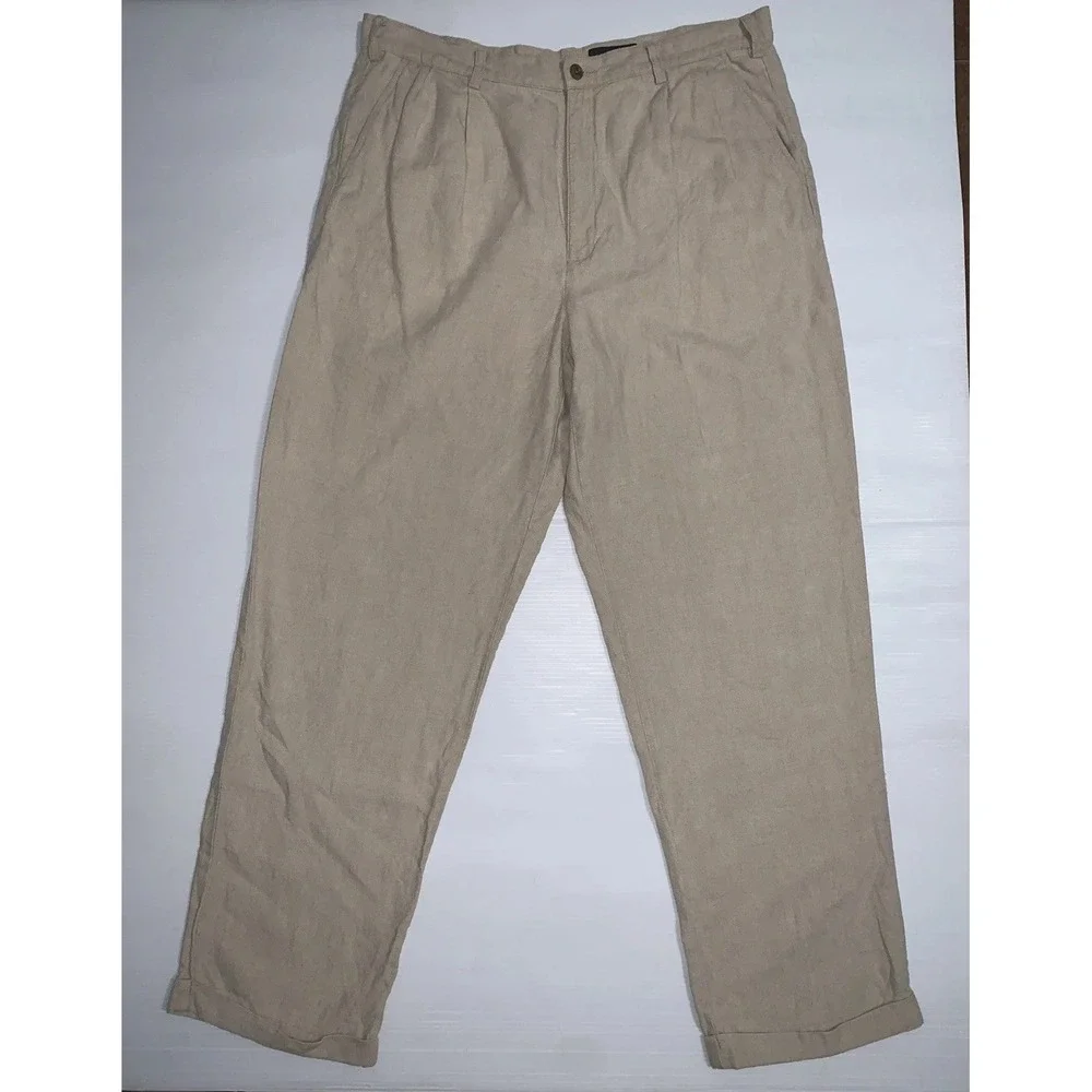 Eddie Bauer 100% Linen Pants Mens 38 Tall Cuffed Pleated Tan Casual Resort 38x32